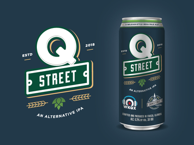 Q Street Beer - Logo & Label beer blue brew can green hops ipa label q sign street wheat