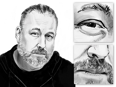 Illustration style experiment - Version 1 black and white chicago radio face facial hair illustration ipadpro line art paint portrait procreateapp stylized work in progress