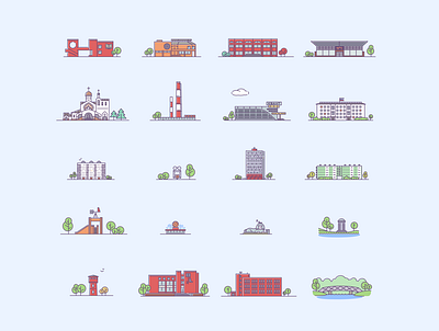 Icons of notable buildings in the city of Troitsk branding city illustration flat typography ui