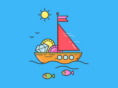 Boat Illustration for AskGamblers askgamblers boat diamond fish gambling illustration sun vector