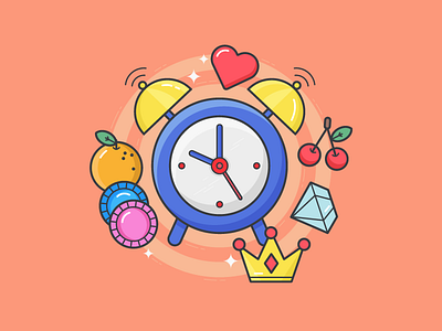 Clock Illustration for AskGamblers 2d illustration askgamblers cherry clock crown diamond flat illustration heart illustration orange vector