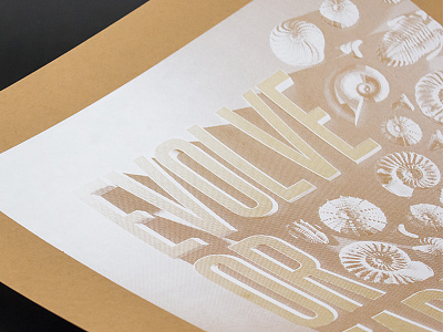 Evolve or Fade Away Poster Detail fossil gold halftone illustration kraft model poster render screenprint shell values white