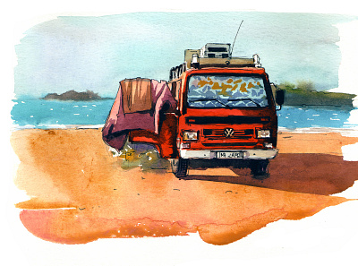 Red van abstract aquarelle art design illustration nature sketch travel watercolor watercolour