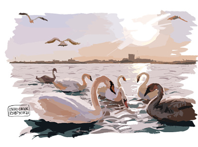 Evpatoria art digital digitalart digitally digitaloil illustration lake nature oil sketch swans
