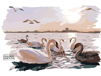 Evpatoria art digital digitalart digitally digitaloil illustration lake nature oil sketch swans
