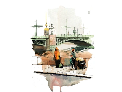 Neva aqua aquarelle art art product drawing illustration nature painting river sketch street urban watercolor watercolour