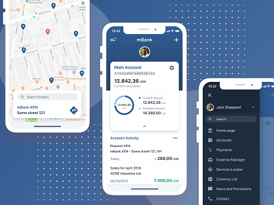 Mobile Banking App previews account app bank banking concept iphone x maps mobile navigation sidebar statistics user interface