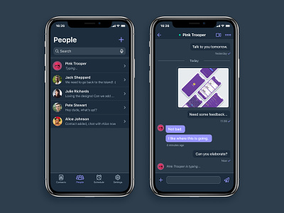 Chat App screens - dark theme app chat concept contacts list flat ios iphone x mobile ui user interface