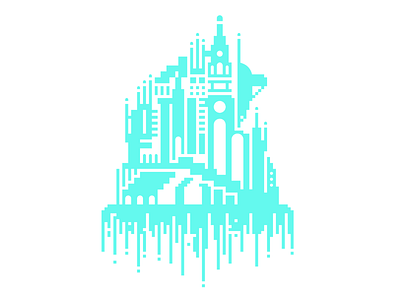 Fantacity blue buildings city design geometric graphic illustration pixels shapes waterfall