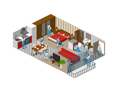 Housework 2.5d appartment home housework illustration interior isometric template vector