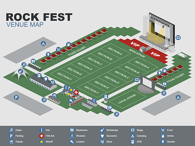 Rock fest venue map 2.5d concert illustration isometric map music rock template vector