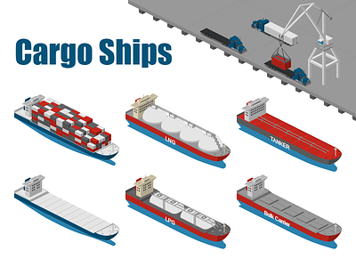Cargo Ships bulk carrier cargo containers isometric icons lng lpg ships tanker