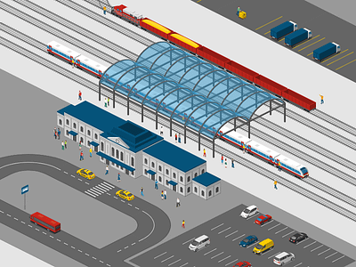 Railway station directional map 2.5d city illustration isometric map template vector warehouse