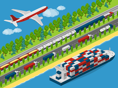 logistics multimodal transportation 2.5d city illustration isometric logistics map template vector