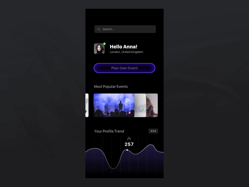 Event Planning animation app black browse dark design event gif glow purple ui