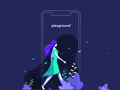 Playground illustration 10clouds app flat girl green hair illustation mint nature plants purple uid walk walking wind