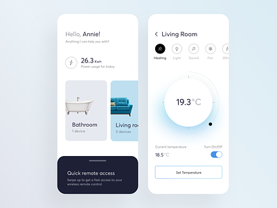 Smart Home App 10clouds app blue cards clean cold design flat home julia jakubiak settings smart temperature ui ux white