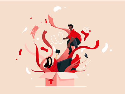 Hello from RVU team! box boy branding cat debut design desktop dribbble flat girl illustration people red ribbon rvu vector