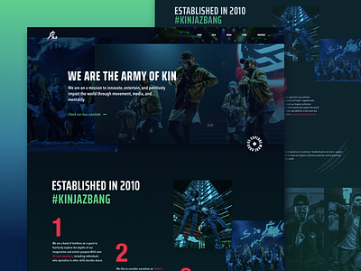 Homepage for KINJAZ company crew dance promo squad team ui ux webdesign website