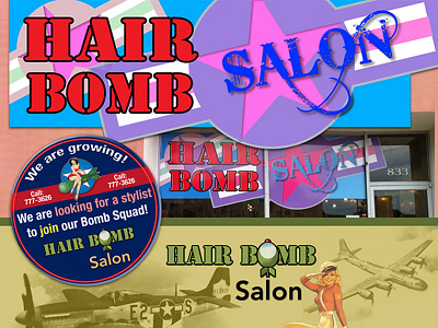 Hair Bomb Window Final brand hair bomb logo pinups rebound signs window ww2