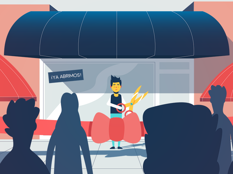 We're open storefront scissors character perspective silhouettes flat 2d red blue store shop