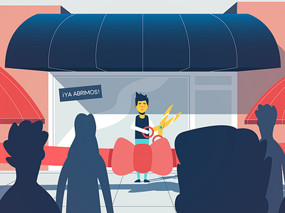 We're open 2d blue character flat perspective red scissors shop silhouettes store storefront