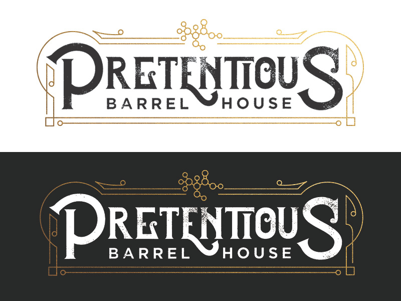 Pretentious Barrel House Logo fancy brand gold barrel beer sours brewing science molecule lines logo