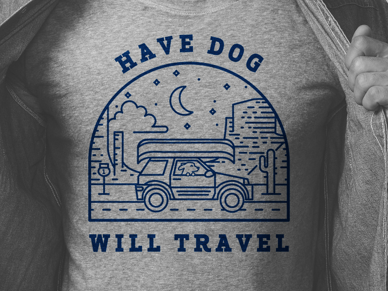 Have Dog Will Travel Illustration illustration line art night desert adventure pet dog road trip travel t-shirt