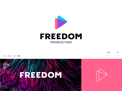 Freedom Logo bird mark butterfly logo butterfly mark cinema colors identity illustration logo mark mark movie mark movies play button production logo