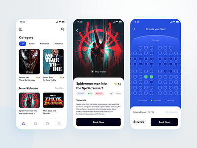 Movie Ticket App app app design booking booking app cinema clean creative minimal mobile movie movie app product tags minimalist ticket ticket app ui ux