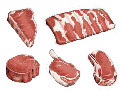 Cuts Illustrated beef chop color drawing illustration meat pencil restaurant ribs sketch steak steakhouse tbone