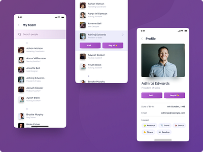 Team Directory app appdesign application design application ui contact design directory list minimal mobile mobileapp profile team uidesign uidesigner uiuxdesign userinterface ux visual design