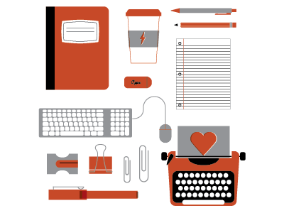 writing essentials coffee cup eraser icons illustration keyboard mouse notebook office paperclip pen pencil typewriter