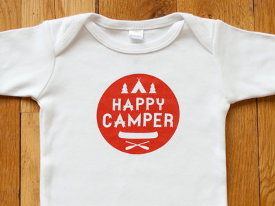 Happy Camper baby bodysuit camp camping canoe northwoods onesie red screen print tent