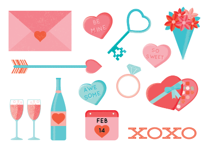 Valentine Icons arrow candy flowers heart icons illustration key letter love ring valentines day wine glass