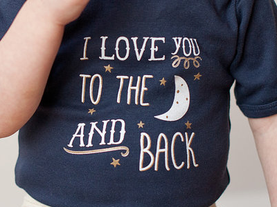 Love you to the moon and back baby clothing gold moon onesie screen print screen printing typography