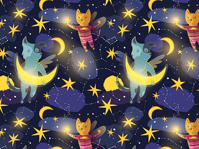 Dreamy cat constellation dog dream fabric fairy tale illustraion kids moon moonlight seamless pattern space stars vector