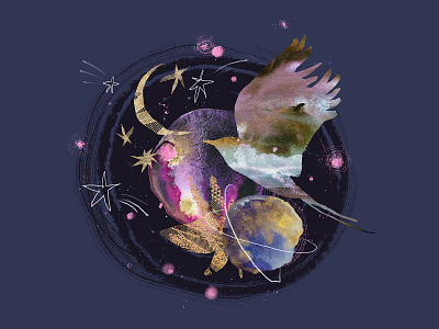 Cosmic birds art bird composition cosmic design digital illustration hand drawn illustration illustration art kit nature planets premade design stars watercolor
