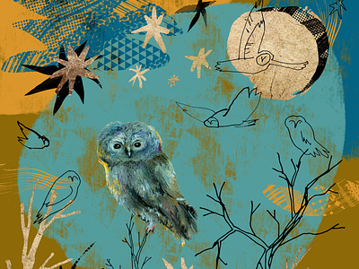 Cosmic birds. Art kit. Premade composition art background birds creative market design digital illustration gold graphic design hand drawn illustration moon nature owl