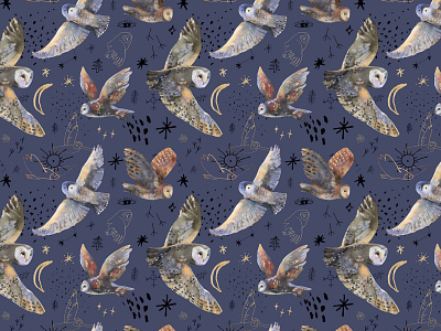 Magic owls background digital illustration illustration magic nature owl pattern seamless stars