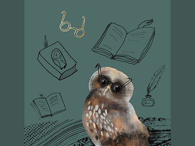 Clever Owl bird book character digital illustration glasses harry potter illustration magic owl