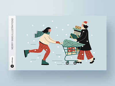 Merry Xmas Illustrations character christmas tree flat gift girl holiday illustration marry christmas new year people postcard purchases snow trolley vector winter xmas 2023