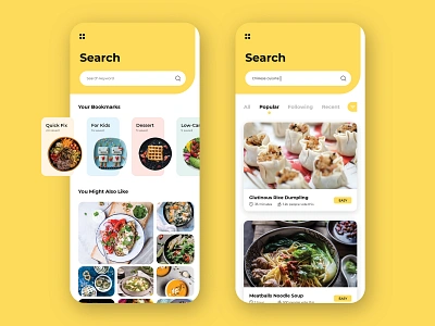 Easy Make Recipe App 022 adobexd app dailyui dailyui022 dailyuichallenge design food interface ios recipe recipe app search ui ux yellow