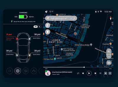 Car Interface Concept 034 app car car interface challenge dailyui dailyui034 dailyuichallenge dark dark ui design interface ios map navigation settings tesla ui ux