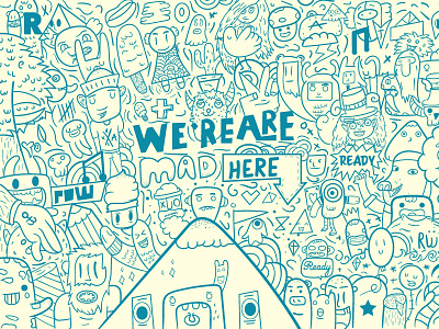 We are mad here alice in wonderland blue doodle environment illustration landscape monsters mural nature scene trees