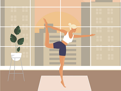 Young woman practicing yoga at home apartment exercise illustration personage sun sunset woman yoga