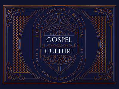 Gospel Culture crest badge classic crest culture foil gold gospel honor illustration logo ornate pattern rejoice sermon series tree