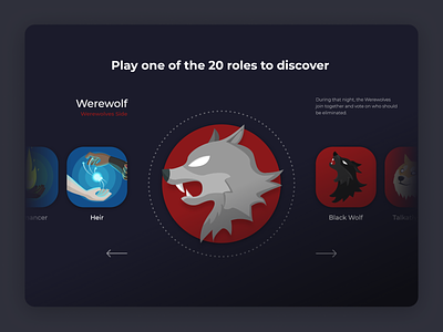 Wolfy - Roles showcase branding carousel dark theme game interaction interactive landing page presentation roles showcase ui ux video game werewolf werewolves wolfy