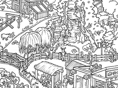 Colorables: Zoo 1/4 detail zoo drawing pen and ink illustration coloring