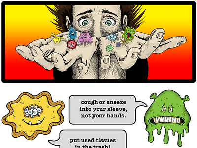 Stop the Spread of Germs Poster cartoon drawing illustration monster pen ink
